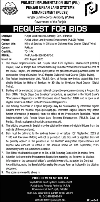 Punjab Urban Land System Enhancement Lahore Tender Notice